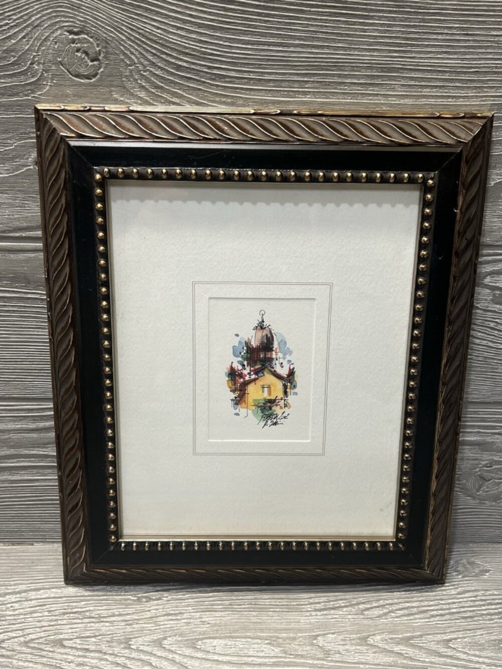 Framed Signed Watercolor and Ink Sketch Building with Tower Church 11” X 13”